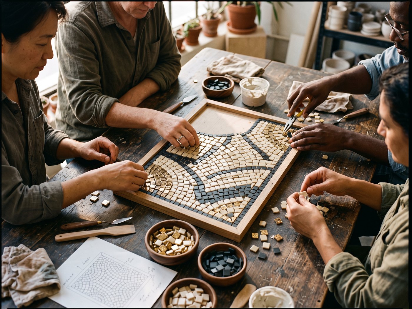 Des mains assemblent une mosaïque de tesselles dorées et sombres